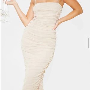 Nude Ruched Midi Dress